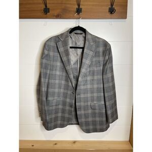 Paul Fredrick Linen, Wool & Silk Plaid Suit Jacket  Gray Windowpane Plaid  40 R